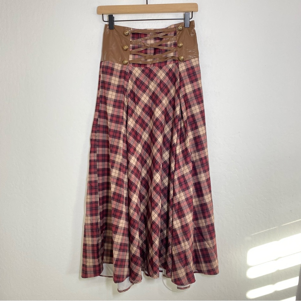 Scarlet Darkness Plaid Flare Maxi Skirt S Faux Leather Trim